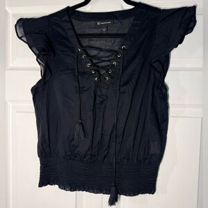 INC International Concepts 100% Cotton Black Lace-Up Blouse